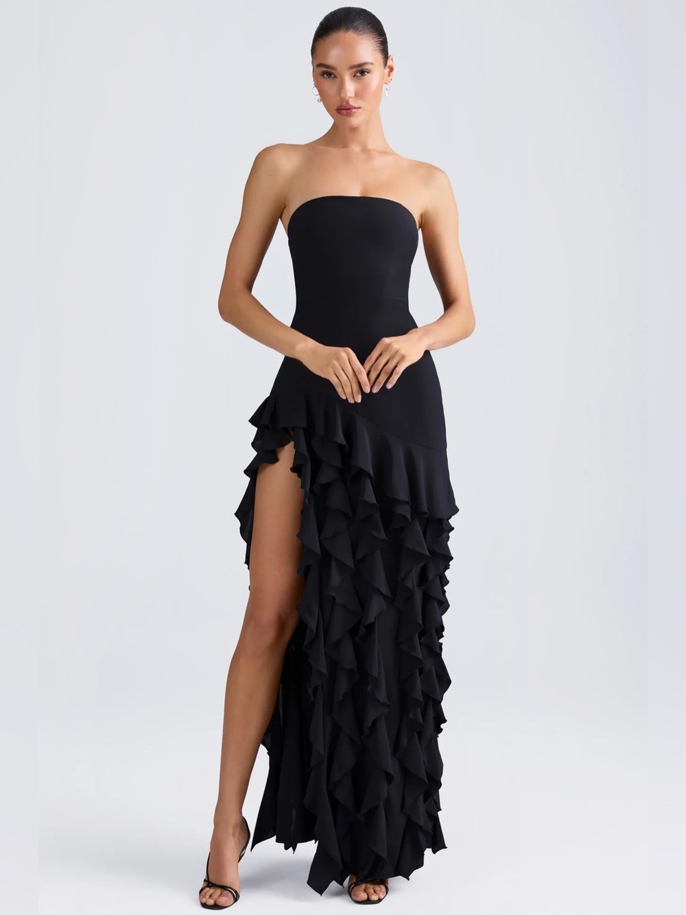 Oh Polly Diletta Ruffle-Trim Strapless Gown with slit in Black